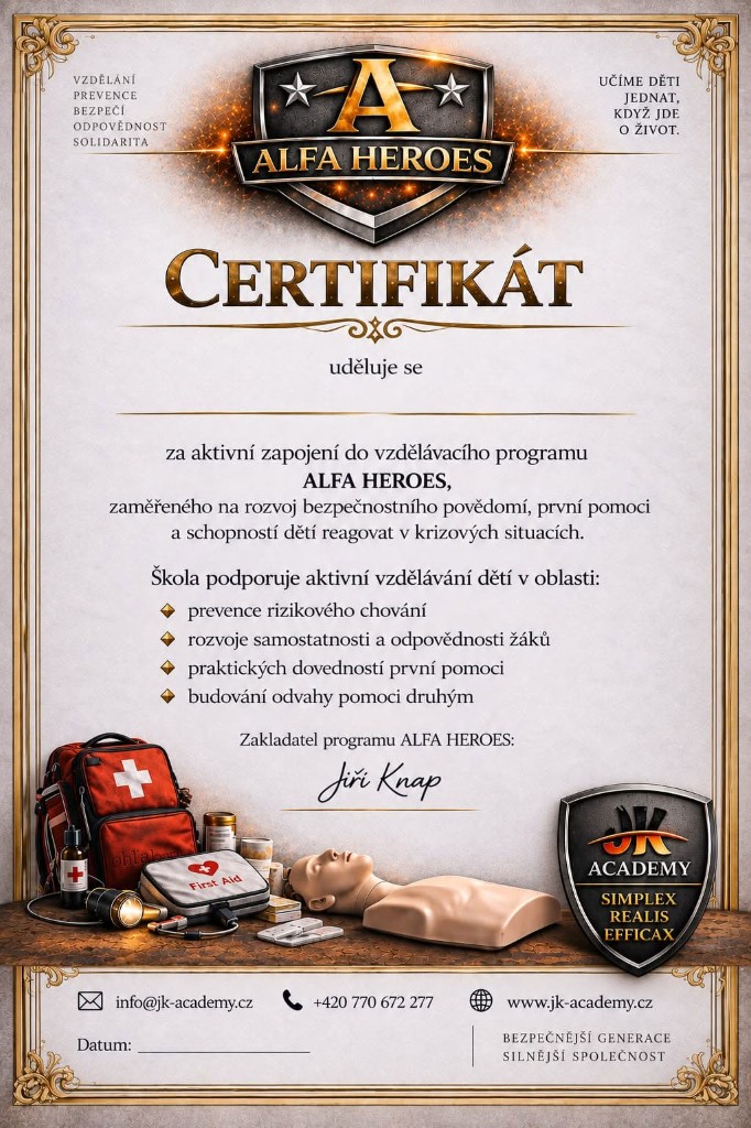 Certifikát školy zapojené do programu Alfa Heroes